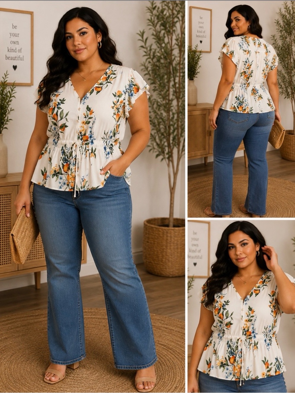 Time and Tru Cream Fruit Print Peplum Top with Orange & Blue Print